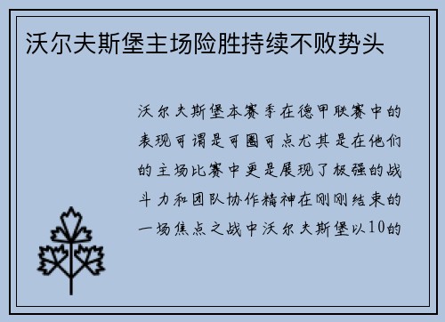 沃尔夫斯堡主场险胜持续不败势头